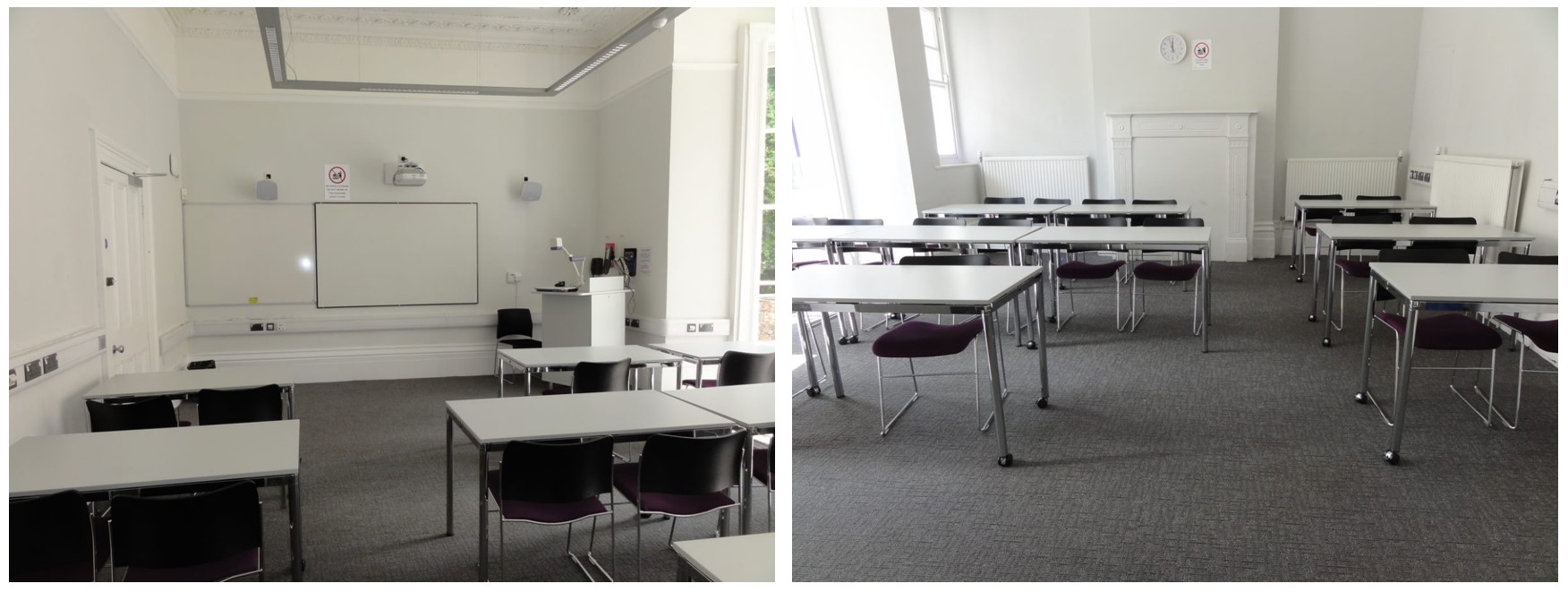 Rows of chairs and tables facing the teaching wall.